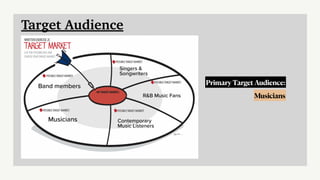 Target Audience
Musicians
Band members
Contemporary
Music Listeners
R&B Music Fans
Singers &
Songwriters
Primary Target Audience:
Musicians
 