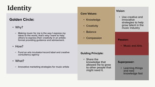 Identity
Golden Circle:
• Why?
Making music for me is the way I express my
ideas to the world, that’s why I want to help
others to express their creativity in an artistic
format providing guidance and advisement.
• How?
Fund an arts incubator/record label and creative
consultancy agency
• What?
Innovative marketing strategies for music artists
Core Values:
• Knowledge
• Creativity
• Balance
• Compassion
Passion:
• Music and Arts
Vision:
• Use creative and
innovative
strategies to help
grow talent in the
music industry
Superpower:
• Learning things
and new
knowledge fast
Guiding Principle:
• Share the
knowledge that
allowed me to grow
to other people that
might need it.
 