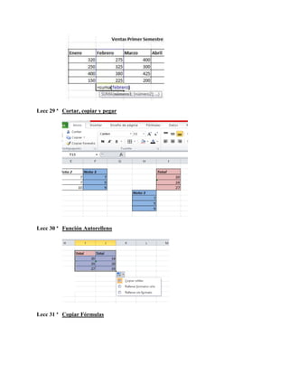 Lecc 29 ª Cortar, copiar y pegar

Lecc 30 ª Función Autorelleno

Lecc 31 ª Copiar Fórmulas

 