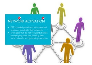 THE POWER OF NETWORKS

NETWORK ACTIVATION
•  PRP provided participants with tools and
   resources to activate their networks
•  Even ideas that did not win grants beneﬁt
   by deploying advocates, building their
   social networks and generating awareness 




                                                April 2010
 