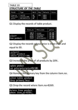 STRUCTURE OF THE TABLE
Q1 Display the records of table product.
Q2 Display the records whose price is more than and
equal to 30.
Q3 Increases the price of all products by 20% .
Q4 Remove the primary key from the column Item.no .
Q5 Drop the record where Item.no=8269.
TABLE 10
 