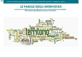 L’IMMAGINE DEL TERRITORIO NELLA CULTURA DELLE COMUNITÀ LOCALI: IL CASO DELL’OLTREPO MANTOVANO - 9 SETTEMBRE 2016 - MANTOVA
34
San Giacomo delle Segnate, 23 Marzo 2013 - inaugurazione della sede dell’osservatorio del paesaggio
carta dei valori e delle tradizioni culturali del paeSaGGio nell’area rurale dell’oltrepomantovano per la qualificazione dell’agricoltura25
le parole deGli interviStati
la tavola raccoglie le parole più utilizzate nei racconti dei testimoni privilegiati
del territorio dell’oltrepomantovano intervistati
LE PAROLE DEGLI INTERVISTATI
la tavola raccoglie le parole più utilizzate nei racconti dei testimoni privilegiati
del territorio dell’Oltrepomantovano intervistati
 