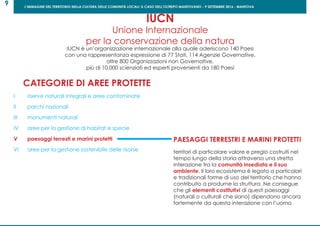 L’IMMAGINE DEL TERRITORIO NELLA CULTURA DELLE COMUNITÀ LOCALI: IL CASO DELL’OLTREPO MANTOVANO - 9 SETTEMBRE 2016 - MANTOVA
9
IUCN
Unione Internazionale
per la conservazione della natura
IUCN é un’organizzazione internazionale alla quale aderiscono 140 Paesi
con una rappresentanza espressione di 77 Stati, 114 Agenzie Governative,
oltre 800 Organizzazioni non Governative,
più di 10.000 scienziati ed esperti provenienti da 180 Paesi
CATEGORIE DI AREE PROTETTE
I	 riserve naturali integrali e aree contaminate
II	 parchi nazionali
III	 monumenti naturali
IV	 aree per la gestione di habitat e specie
V	 paesaggi terresti e marini protetti
VI	 aree per la gestione sostenibile delle risorse
PAESAGGI TERRESTRI E MARINI PROTETTI
territori di particolare valore e pregio costruiti nel
tempo lungo della storia attraverso una stretta
interazione tra la comunità insediata e il suo
ambiente. Il loro ecosistema é legato a particolari
e tradizionali forme di uso del territorio che hanno
contribuito a produrne la struttura. Ne consegue
che gli elementi costitutivi di questi paesaggi
(naturali o culturali che siano) dipendono ancora
fortemente da questa interazione con l’uomo
 