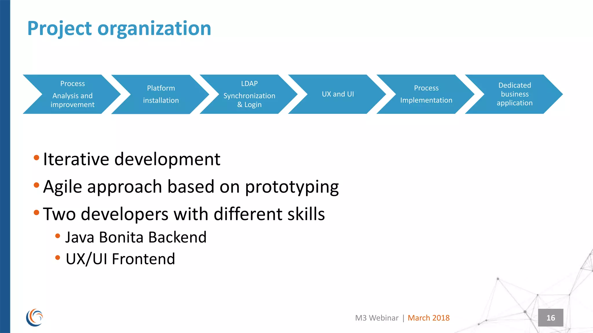 |
Process
Analysis and
improvement
Platform
installation
LDAP
Synchronization
& Login
UX and UI
Process
Implementation
Dedicated
business
application
Project organization
March 2018M3 Webinar 16
•Iterative development
•Agile approach based on prototyping
•Two developers with different skills
• Java Bonita Backend
• UX/UI Frontend
 