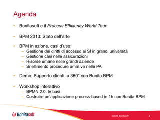 Agenda
• Bonitasoft e il Process Efficiency World Tour

• BPM 2013: Stato dell’arte
• BPM in azione, casi d’uso:
–
–
–
–

Gestione dei diritti di accesso ai SI in grandi università
Gestione casi nelle assicurazioni
Risorse umane nelle grandi aziende
Snellimento procedure amm.ve nelle PA

• Demo: Supporto clienti a 360° con Bonita BPM
• Workshop interattivo
– BPMN 2.0: le basi
– Costruire un’applicazione process-based in 1h con Bonita BPM

©2013 Bonitasoft

2

 