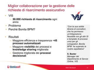 Miglior collaborazione per la gestione delle
richieste di risarcimento assicurativo
• VIS
– 50.000 richieste di risarcimento ogni
anno

• Problema
• Perché Bonita BPM?
• Risultati
– Maggiore efficienza e trasparenza +45
processi automatizzati
– Maggiore visibilità dei processi e
knowledge sharing migliorata
– Gestione migliorata dei processi
decisionali

“Con la sua solida
libreria di connettori,
che ha permesso
un’integrazione
flessibile con gli altri SI
e template di processi
unici per gli
sviluppatori, Bonita
BPM ha superato le
nostre aspettative”
S. Baxter
Manager del
Dipartimento di Servizi
Online, VIS
©2013 Bonitasoft

21

 