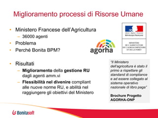 Miglioramento processi di Risorse Umane
• Ministero Francese dell’Agricultura
– 36000 agenti

• Problema
• Perché Bonita BPM?

• Risultati
– Miglioramento della gestione RU
dagli agenti amm.vi
– Flessibilità nel divenire compliant
alle nuove norme RU, e abilità nel
raggiungere gli obiettivi del Ministero

“Il Ministero
dell’agricoltura è stato il
primo a rispettare gli
standand di compliance
e ad essere collegato al
sistema operativo
nazionale di libro paga”

Brochure Progetto
AGORHA-ONP

 