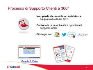 Processo di Supporto Clienti a 360°
Non perde alcun reclamo o richiesta,
da qualsiasi canale arrivi.
Geolocalizza la rechiesta e optimizza il
supporto locale
Si integra con:

Guarda il Video
29

 