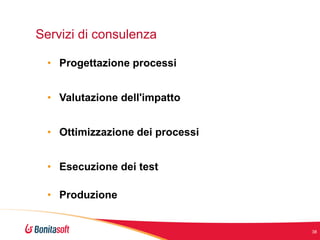 Servizi di consulenza
• Progettazione processi
• Valutazione dell'impatto

• Ottimizzazione dei processi
• Esecuzione dei test
• Produzione

38

 