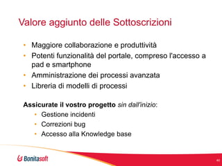 Valore aggiunto delle Sottoscrizioni
• Maggiore collaborazione e produttività
• Potenti funzionalità del portale, compreso l'accesso a
pad e smartphone
• Amministrazione dei processi avanzata
• Libreria di modelli di processi
Assicurate il vostro progetto sin dall'inizio:
• Gestione incidenti
• Correzioni bug
• Accesso alla Knowledge base

40

 