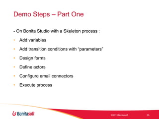 Demo Steps – Part One
- On Bonita Studio with a Skeleton process :
• Add variables

• Add transition conditions with “parameters”
• Design forms
• Define actors
• Configure email connectors
• Execute process

©2013 Bonitasoft

55

 