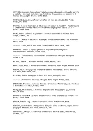 CNTE (Confederação Nacional dos Trabalhadores em Educação). Educação: carinho
e trabalho – Burnout, a síndrome da desistência do educador, que pode levar à
falência da educação. Brasília, CNTE, 1999.
CORTESÃO, Luiza. Ser professor: um ofício em risco de extinção. São Paulo,
Cortez/IPF, 2002.
DELORS, Jacques Delors (org.). Educação: um tesouro a descobrir – Relatório para
a UNESCO da Comissão Internacional sobre Educação para o Século XXI. São
Paulo, Cortez, 1998.
DEMO, Pedro. Conhecer & Aprender – Sabedoria dos limites e desafios. Porto
Alegre, Artmed, 2001.
----------. Ironias da educação: mudança e contos sobre mudança. Rio de Janeiro,
DP&A, 2000.
----------. Saber pensar. São Paulo, Cortez/Instituto Paulo Freire, 2000.
DOWBOR, Ladislau. A reprodução social: propostas para uma gestão
descentralizada. Petrópolis, Vozes, 1998.
----------. Tecnologias do conhecimento: os desafios da educação. Petrópolis,
Vozes, 2001.
ESTEVE, José M. O mal-estar docente. Lisboa, Escher, 1992.
FERNÁNDEZ, Alícia. A mulher escondida na professora. Porto Alegre, Artmed, 1994.
FREIRE, Paulo. Pedagogia da autonomia: saberes necessários à prática educativa.
São Paulo, Paz e Terra, 1997.
GADOTTI, Moacir. Pedagogia da Terra. São Paulo, Peirópolis, 2001.
----------. Perspectivas atuais da educação. Porto Alegre, Armed, 2000.
IMBERNÓN, Francisco. Formação docente e profissional: formar-se para a mudança
e a incerteza. São Paulo, Cortez, 2000.
MARQUES, Mário Osório. A formação do profissional da educação, Ijuí, Editora
UNIJUÍ, 1992.
McLUHAN, Herbert M. Os meios de comunicação como extensões do homem. São
Paulo, Cultrix, 1974.
NÓVOA, António (org.). Profissão professor. Porto, Porto Editora, 1991.
PADILHA, Paulo Roberto. Planejamento dialógico: como construir o projeto político-
pdagógico da escola. São Paulo, Cortez/IPF, 2001.
PERRENOUD, Philippe. Construir as competências desde a escola, Porto Alegre,
Artmed, 2002.
 
