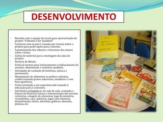 DESENVOLVIMENTO
•   Reunião com a equipe da escola para apresentação do
    projeto “O Bonito é Ser Saudável”
•   Conversa com os pais ( reunião por turma) sobre o
    projeto para pedir apoio para o mesmo;
•   Levantamento dos saberes e interesses dos alunos
    sobre o tema;
•   Coleta de material para a montagem da caixa do
    projeto;
•   História do Betola
•   Visita às turmas para entrosamento e embasamento do
    assunto: alimentação e culinária saudável;
•   Atividades de contação de histórias, música e
    movimento;
•   Manipulação de alimentos na prática culinária,
    confeccionando pratos saborosos, saudáveis e com
    bela aparência;
•   Visita orientada a um supermercado visando à
    educação para o consumo;
•   Atividades pedagógicas em sala de aula: contação e
    leitura de histórias, leitura e interpretação das receitas
    culinárias, colagens de alimentos, jogo da memória,
    cruzadinhas, caça- palavras, jogos com números,
    dramatização, teatro, advinhas, gráficos, desenho,
    pintura, etc.
 