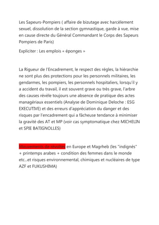 Les Sapeurs-Pompiers ( affaire de bizutage avec harcèlement
sexuel, dissolution de la section gymnastique, garde à vue, mise
en cause directe du Général Commandant le Corps des Sapeurs
Pompiers de Paris)

Expliciter : Les emplois « éponges »



La Rigueur de l’Encadrement, le respect des règles, la hiérarchie
ne sont plus des protections pour les personnels militaires, les
gendarmes, les pompiers, les personnels hospitaliers, lorsqu’il y
a accident du travail, il est souvent grave ou très grave, l’arbre
des causes révèle toujours une absence de pratique des actes
managériaux essentiels (Analyse de Dominique Deloche : ESG
EXECUTIVE) et des erreurs d’appréciation du danger et des
risques par l’encadrement qui a fâcheuse tendance à minimiser
la gravité des AT et MP (voir cas symptomatique chez MICHELIN
et SPIE BATIGNOLLES)



Mouvements de révoltes en Europe et Magrheb (les "indignés"
+ printemps arabes + condition des femmes dans le monde
etc...et risques environnemental, chimiques et nucléaires de type
AZF et FUKUSHIMA)
 