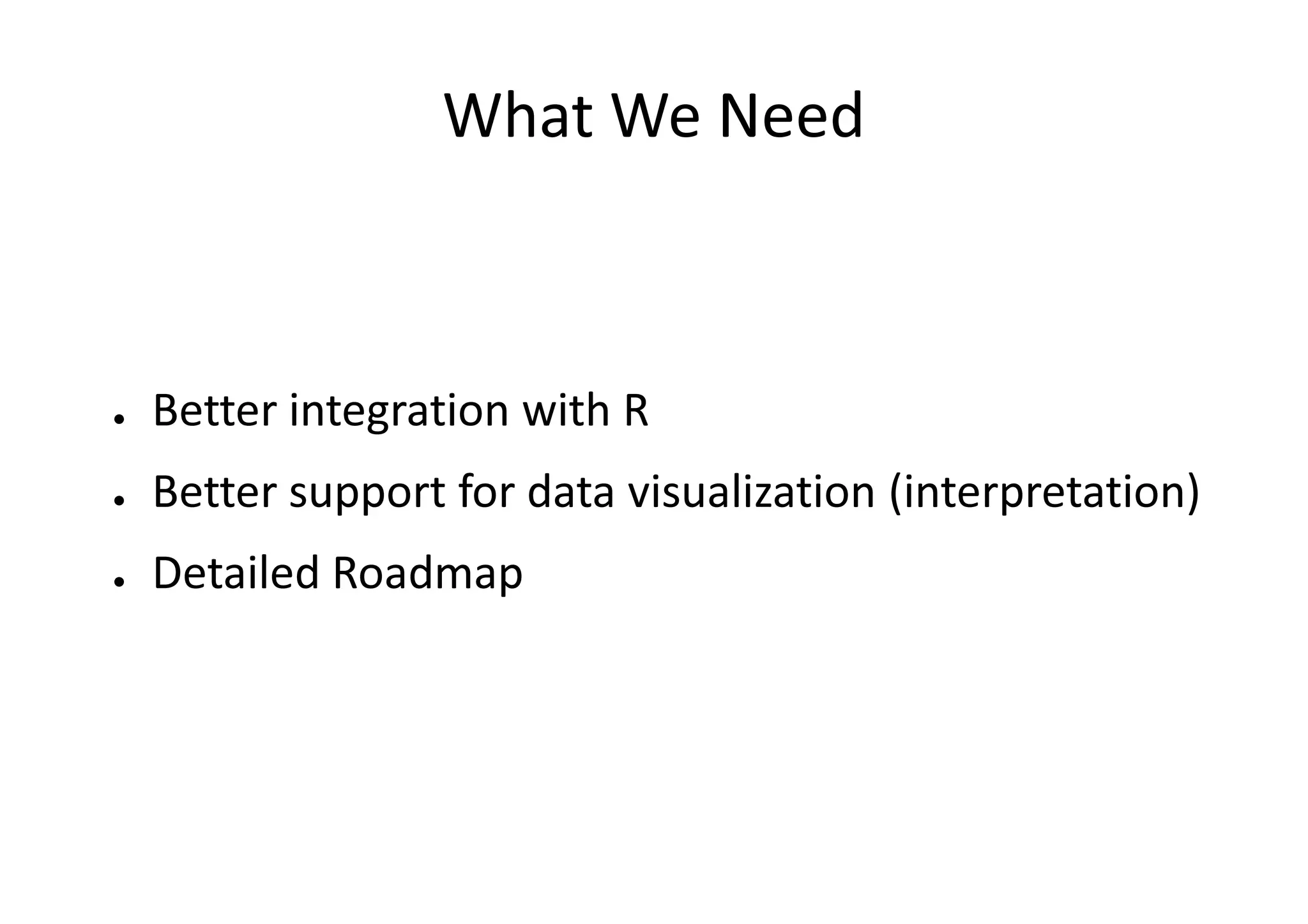 What We Need



●   Better integration with R
●   Better support for data visualization (interpretation)
●   Detailed Roadmap
 