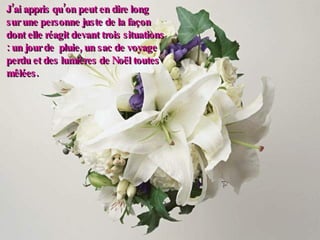 J’ai appris qu’on peut en dire long sur une personne juste de la façon dont elle réagit devant trois situations : un jour de  pluie, un sac de voyage perdu et des lumières de Noël toutes mêlées. 