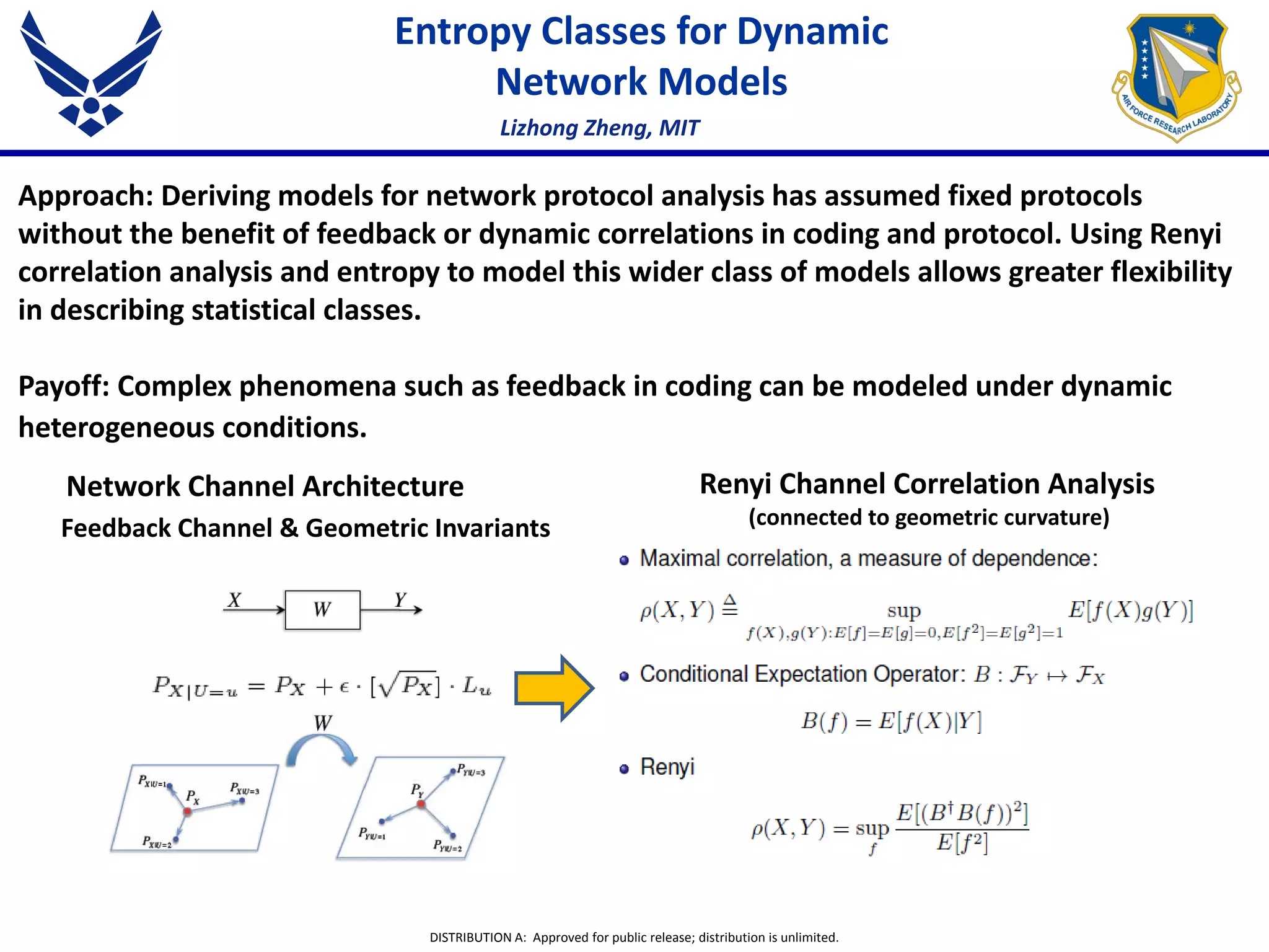 DISTRIBUTION A: Approved for public release; distribution is unlimited.
Entropy Classes for Dynamic
Network Models
Approach: Deriving models for network protocol analysis has assumed fixed protocols
without the benefit of feedback or dynamic correlations in coding and protocol. Using Renyi
correlation analysis and entropy to model this wider class of models allows greater flexibility
in describing statistical classes.
Payoff: Complex phenomena such as feedback in coding can be modeled under dynamic
heterogeneous conditions.
Lizhong Zheng, MIT
Renyi Channel Correlation Analysis
(connected to geometric curvature)
Network Channel Architecture
Feedback Channel & Geometric Invariants
 