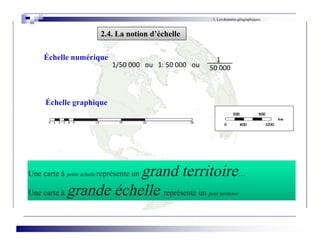 1. Les données géographiques
Une carte à petite échelle représente un grand territoire…
Une carte à grande échelle représente un petit territoire
2.4. La notion d’échelle
Échelle numérique
1/50 000 ou 1: 50 000 ou
1
50 000
Échelle graphique
 