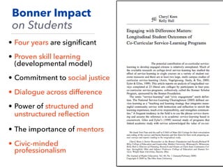 • Four years are signiﬁcant
• Proven skill learning
(developmental model)
• Commitment to social justice
• Dialogue across difference
• Power of structured and
unstructured reﬂection
• The importance of mentors
• Civic-minded
professionalism
Bonner Impact
on Students
 