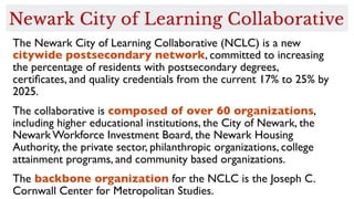 The Newark City of Learning Collaborative (NCLC) is a new
citywide postsecondary network, committed to increasing
the percentage of residents with postsecondary degrees,
certiﬁcates, and quality credentials from the current 17% to 25% by
2025. 
The collaborative is composed of over 60 organizations,
including higher educational institutions, the City of Newark, the
Newark Workforce Investment Board, the Newark Housing
Authority, the private sector, philanthropic organizations, college
attainment programs, and community based organizations. 
The backbone organization for the NCLC is the Joseph C.
Cornwall Center for Metropolitan Studies.
 