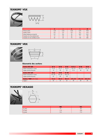 TEXROPE® VSX


                                                   h


                                          e




                                                              H              J                K            L          M
         Entraxe e (mm)                                   1,60             2,34              3,56        4,70        9,40
         Hauteur h (mm)                                    3,0              3,5              6,0          9,5        16,5
         Masse linéique par strie (g/m)                    5,9              8,4              20          30,9        124,1
         Diamètre mini d’enroulement (mm)                  13               20               40           75         180
         Diamètre mini de contreflexion (mm)               32               45               70          140         300




TEXROPE® VRX
                                  W
                                  Wp



                                                   T


                                  α°




        Géometrie des sections
         Sections ISO 1604                             W 16       W 20             W 25       W 31,5      W 40       W 50
         Section nominale W x T (mm)                   17 x 6     21 x 7           26 x 8     33 x 10    42 x 13    52 x 16
         Largeur primitive Wp (mm)                       16         20              25            31,5     40         50

         Sections ISO 1604                             W 63       W 80            W 100
         Section nominale W x T (mm)                   65 x 20    83 x 26         104 x 32
         Largeur primitive Wp (mm)                       63         80              100

         Sections “VNN”, W x T (mm)                    13 x 6     22 x 8          28 x 8      37 x 10    47 x 13    55 x 16
         Angle α°                                        26         26              26              28     28         28




TEXROPE® HEXAGO
                            bb
                             bx



                                              hb




                                                                   HBB                                     HCC
         bb (mm)                                                    17                                         23
         bx (mm)                                                   11,8                                    16,8
         hb (mm)                                                   13,5                                    17,5




                                                                                                                              9
 