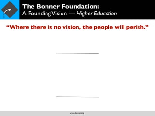 The Bonner Foundation:
     A Founding Vision — Higher Education

“Where there is no vision, the people will perish.”




                       www.bonner.org
 