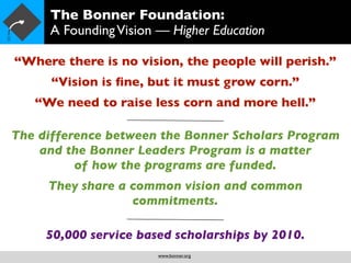 The Bonner Foundation:
     A Founding Vision — Higher Education

“Where there is no vision, the people will perish.”
      “Vision is ﬁne, but it must grow corn.”
   “We need to raise less corn and more hell.”

The difference between the Bonner Scholars Program
    and the Bonner Leaders Program is a matter
          of how the programs are funded.
     They share a common vision and common
                  commitments.

     50,000 service based scholarships by 2010.
                       www.bonner.org
 