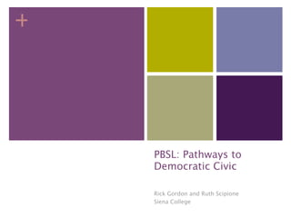 +




    PBSL: Pathways to
    Democratic Civic

    Rick Gordon and Ruth Scipione
    Siena College
 