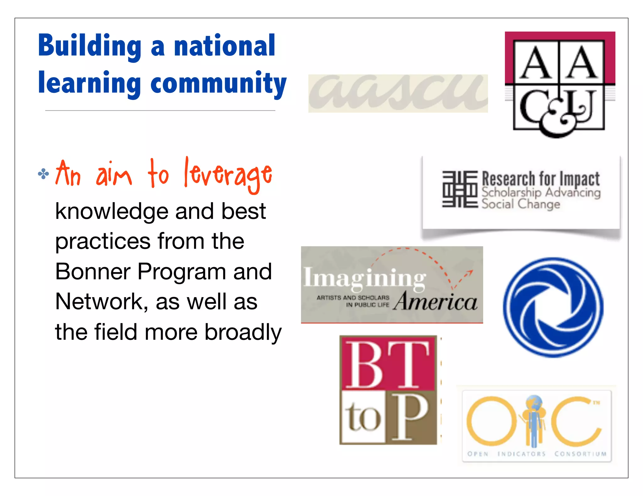 Building a national
learning community

✤   An aim to leverage
    knowledge and best
    practices from the
    Bonner Program and
    Network, as well as
    the ﬁeld more broadly
 