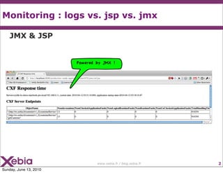 Monitoring : logs vs. jsp vs. jmx

    JMX & JSP


                        Powered by JMX !




                                www.xebia.fr / blog.xebia.fr   2
Sunday, June 13, 2010
 