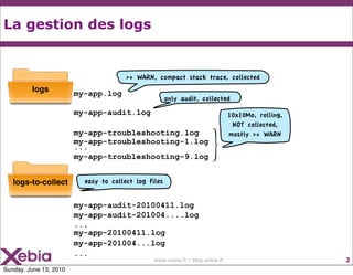La gestion des logs


                                       >= WARN, compact stack trace, collected
         logs
       ...