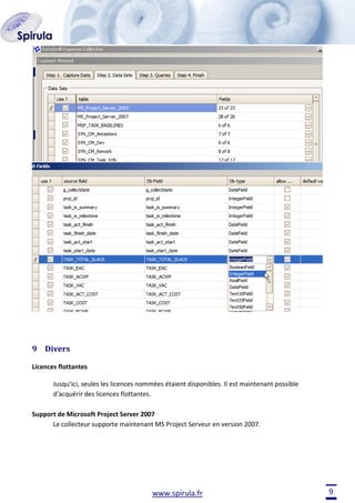9 Divers
Licences flottantes
Jusqu’ici, seules les licences nommées étaient disponibles. Il est maintenant possible
d’acquérir des licences flottantes.
Support de Microsoft Project Server 2007
Le collecteur supporte maintenant MS Project Serveur en version 2007.

www.spirula.fr

9

 