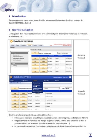 1 Introduction
Dans ce document, nous avons voulu détailler les nouveautés des deux dernières versions de
DataDrill EXPRESS 3.8 et 4.0

2 Nouvelle navigation
La navigation dans l’outil a été améliorée avec comme objectif de simplifier l’interface en réduisant
le nombre de clic.

Ancienne
Version 3

Nouvelle
Version 4

D’autres améliorations ont été apportées à l’interface :
L’échangeur n’est plus un outil Windows séparé, mais a été intégré au portail (menu Admin)
Un gestionnaire de fichiers a été intégré au portail (menu Admin) pour simplifier la mise à
jour des fichiers sur le serveur (modèle PowerPoint, CrystalReport, …)
La commande permettant l’association Unité/Item a été déplacée dans le menu collection

www.spirula.fr

1

 