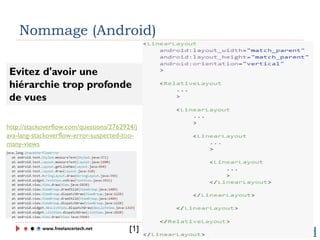 www.freelancertech.net
Nommage (Android)
Evitez d'avoir une
hiérarchie trop profonde
de vues
http://stackoverflow.com/questions/2762924/j
ava-lang-stackoverflow-error-suspected-too-
many-views
[1]
 