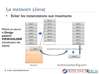 La mémoire (Java)
• Eviter les instanciations aux maximums
Mettre en œuvre
le Design
pattern
VIEWHOLDER
(réutilisation des
objets)
www.freelancertech.net
 