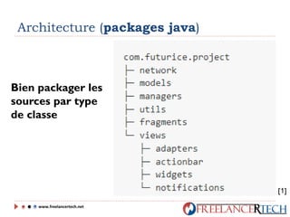 Architecture (packages java)
Bien packager les
sources par type
de classe
www.freelancertech.net
[1]
 