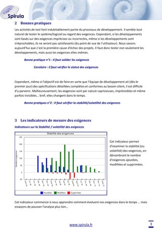 2 Bonnes pratiques
Les activités de test font indubitablement partie du processus de développement. Il semble tout
naturel de tester le système/logiciel au regard des exigences. Cependant, si les développements
sont basés sur des exigences imprécises ou incorrectes, même si les développements sont
irréprochables, ils ne seront pas satisfaisants (du point de vue de l’utilisateur). Nous savons
aujourd’hui que c’est la première cause d’échec des projets. Il faut donc tester non seulement les
développements, mais aussi les exigences elles-mêmes.
Bonne pratique n°1 : Il faut valider les exigences
Corolaire : il faut vérifier le statut des exigences

Cependant, même si l'objectif est de faire en sorte que l’équipe de développement ait (dès le
premier jour) des spécifications détaillées complètes et conformes au besoin client, il est difficile
d’y parvenir. Malheureusement, les exigences sont par nature capricieuses, imprévisibles et même
parfois invisibles… bref, elles changent dans le temps.
Bonne pratiques n°2 : Il faut vérifier la stabilité/volatilité des exigences

3 Les indicateurs de mesure des exigences
Indicateurs sur la Stabilité / volatilité des exigences

Cet indicateur permet
d’examiner la stabilité (ou
volatilité) des exigences, en
dénombrant le nombre
d’exigences ajoutées,
modifiées et supprimées.

Cet indicateur commence à nous apprendre comment évoluent nos exigences dans le temps … mais
essayons de pousser l’analyse plus loin…

www.spirula.fr

3

 