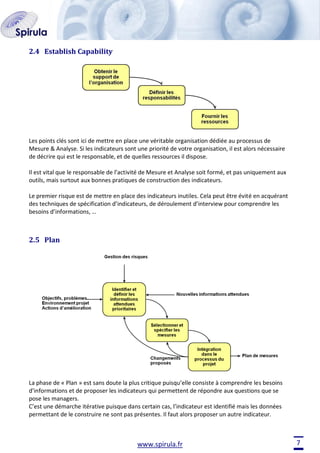2.4 Establish Capability

Les points clés sont ici de mettre en place une véritable organisation dédiée au processus de
Mesure & Analyse. Si les indicateurs sont une priorité de votre organisation, il est alors nécessaire
de décrire qui est le responsable, et de quelles ressources il dispose.
Il est vital que le responsable de l’activité de Mesure et Analyse soit formé, et pas uniquement aux
outils, mais surtout aux bonnes pratiques de construction des indicateurs.
Le premier risque est de mettre en place des indicateurs inutiles. Cela peut être évité en acquérant
des techniques de spécification d’indicateurs, de déroulement d’interview pour comprendre les
besoins d’informations, …

2.5 Plan

La phase de « Plan » est sans doute la plus critique puisqu’elle consiste à comprendre les besoins
d’informations et de proposer les indicateurs qui permettent de répondre aux questions que se
pose les managers.
C’est une démarche itérative puisque dans certain cas, l’indicateur est identifié mais les données
permettant de le construire ne sont pas présentes. Il faut alors proposer un autre indicateur.

www.spirula.fr

7

 