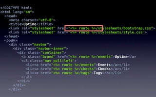 <!DOCTYPE html>
<html lang="en">
  <head>
    <meta charset="utf-8">
    <title>Uptime</title>
    <link rel="stylesheet" href="<%= route %>/stylesheets/bootstrap.css">
    <link rel="stylesheet" href="<%= route %>/stylesheets/style.css">
  </head>
  <body>
    <div class="navbar">
      <div class="navbar-inner">
        <div class="container">
          <a class="brand" href="<%= route %>/events">Uptime</a>
          <ul class="nav pull-left">
            <li><a href="<%= route %>/events">Events</a></li>
            <li><a href="<%= route %>/checks">Checks</a></li>
            <li><a href="<%= route %>/tags">Tags</a></li>
          </ul>
        </div>
      </div>
    </div>
 