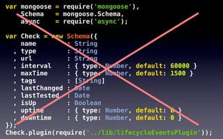 var mongoose = require('mongoose'),
    Schema   = mongoose.Schema,
    async    = require('async');

var Check = new Schema({
    name        : String
  , type        : String
  , url         : String
  , interval    : { type: Number, default: 60000 }
  , maxTime     : { type: Number, default: 1500 }
  , tags        : [String]
  , lastChanged : Date
  , lastTested : Date
  , isUp        : Boolean
  , uptime      : { type: Number, default: 0 }
  , downtime    : { type: Number, default: 0 }
});
Check.plugin(require('../lib/lifecycleEventsPlugin'));
 