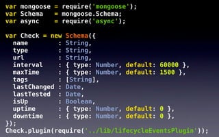 var mongoose = require('mongoose');
var Schema   = mongoose.Schema;
var async    = require('async');

var Check = new Schema({
  name        : String,
  type        : String,
  url         : String,
  interval    : { type: Number, default: 60000 },
  maxTime     : { type: Number, default: 1500 },
  tags        : [String],
  lastChanged : Date,
  lastTested : Date,
  isUp        : Boolean,
  uptime      : { type: Number, default: 0 },
  downtime    : { type: Number, default: 0 },
});
Check.plugin(require('../lib/lifecycleEventsPlugin'));
 