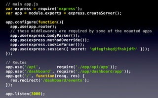 // main app.js
var express = require('express');
var app = module.exports = express.createServer();

app.configure(function(){
  app.use(app.router);
  // these middlewares are required by some of the mounted apps
  app.use(express.bodyParser());
  app.use(express.methodOverride());
  app.use(express.cookieParser());
  app.use(express.session({ secret: 'qdfegfskqdjfhskjdfh' }));
});

// Routes
app.use('/api',       require('./app/api/app'));
app.use('/dashboard', require('./app/dashboard/app'));
app.get('/', function(reaq, res) {
  res.redirect('/dashboard/events');
});

app.listen(3000);
 