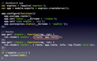 // dashboard app
var express = require('express');
var app = module.exports = express.createServer();

app.configure(function(){
  app.use(app.router);
  app.set('views', __dirname + '/views');
  app.set('view engine', 'ejs');
  app.use(express.static(__dirname + '/public'));
});

// Routes
app.get('/events', function(req, res) {
  res.render('events', { route: app.route });
});
app.get('/checks', function(req, res) {
  res.render('checks', { route: app.route, info: req.flash('info')});
});
//...
if (!module.parent) {
  app.listen(3000);
}
 