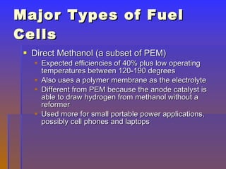 Major Types of Fuel Cells  ,[object Object],[object Object],[object Object],[object Object],[object Object]