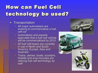 How can Fuel Cell technology be used? ,[object Object],[object Object],[object Object],[object Object],[object Object]