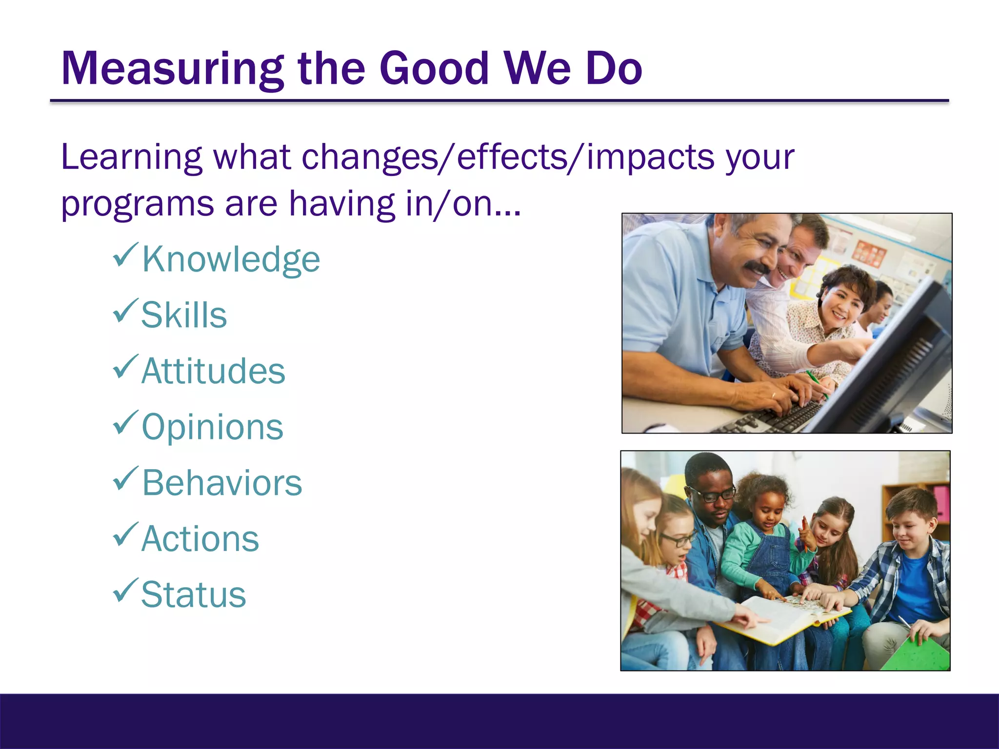 Measuring the Good We Do
Learning what changes/effects/impacts your
programs are having in/on…
Knowledge
Skills
Attitudes
Opinions
Behaviors
Actions
Status
 