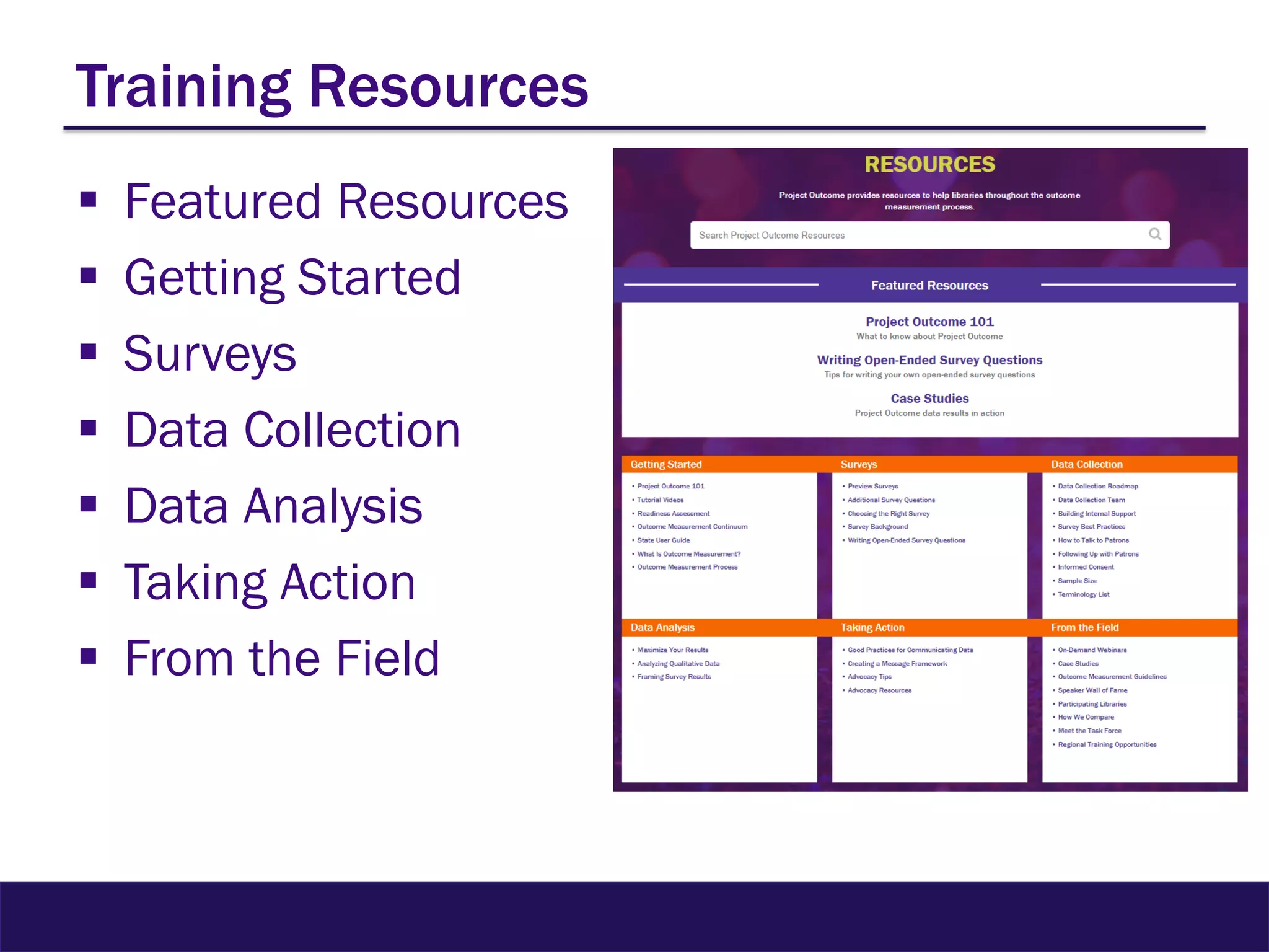 Training Resources
 Featured Resources
 Getting Started
 Surveys
 Data Collection
 Data Analysis
 Taking Action
 From the Field
 