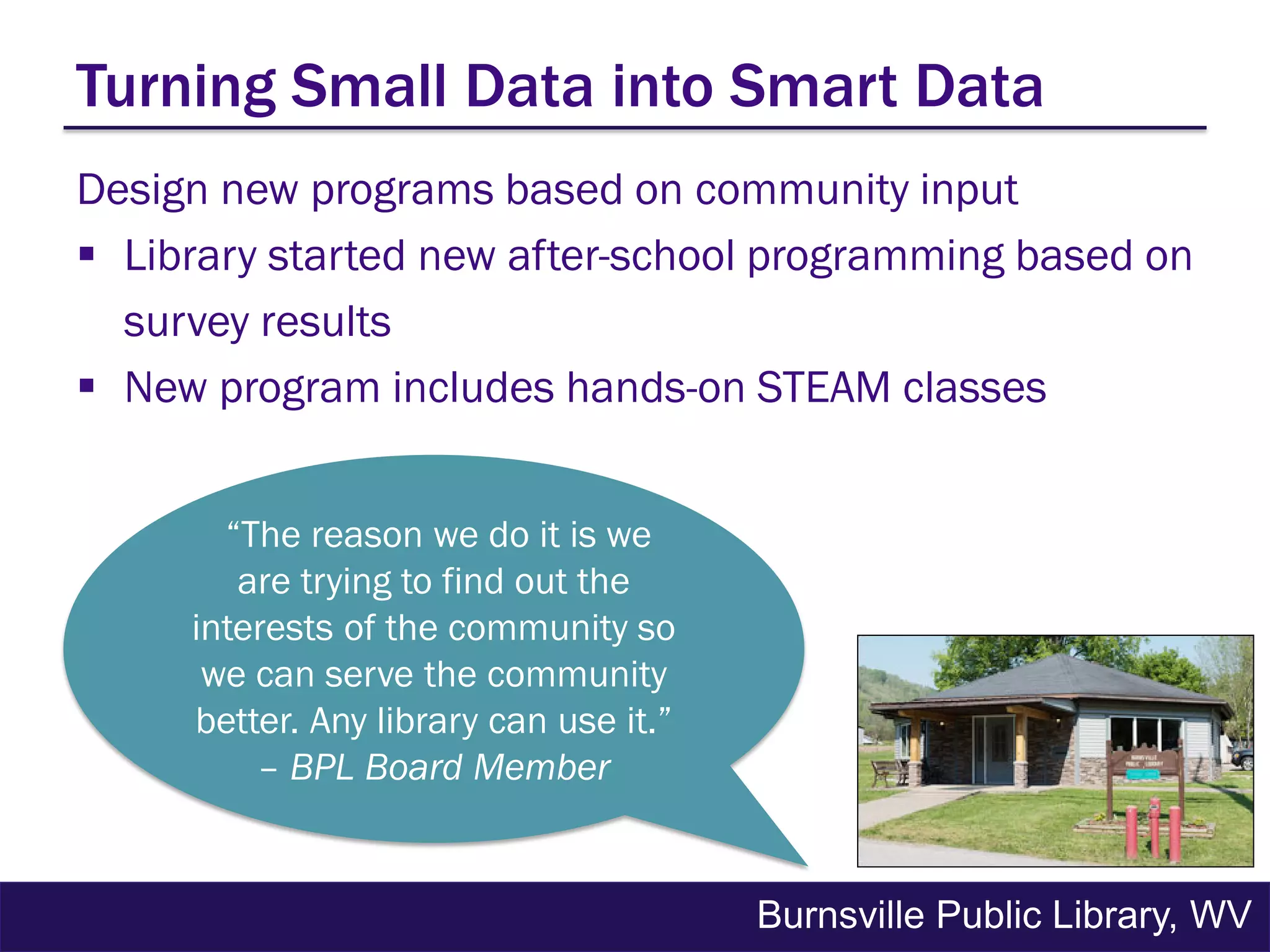 Design new programs based on community input
 Library started new after-school programming based on
survey results
 New program includes hands-on STEAM classes
“The reason we do it is we
are trying to find out the
interests of the community so
we can serve the community
better. Any library can use it.”
– BPL Board Member
Turning Small Data into Smart Data
Burnsville Public Library, WV
 