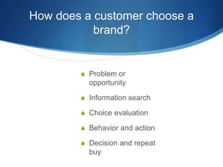 How does a customer choose a 
brand? 
 Problem or 
opportunity 
 Information search 
 Choice evaluation 
 Behavior and action 
 Decision and repeat 
buy 
 