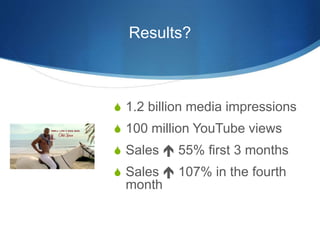 Results? 
 1.2 billion media impressions 
 100 million YouTube views 
 Sales  55% first 3 months 
 Sales  107% in the fourth 
month 
 